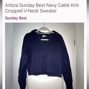 Aritzia Sunday Best Deep Blue Cable Knit V-Neck Sweater